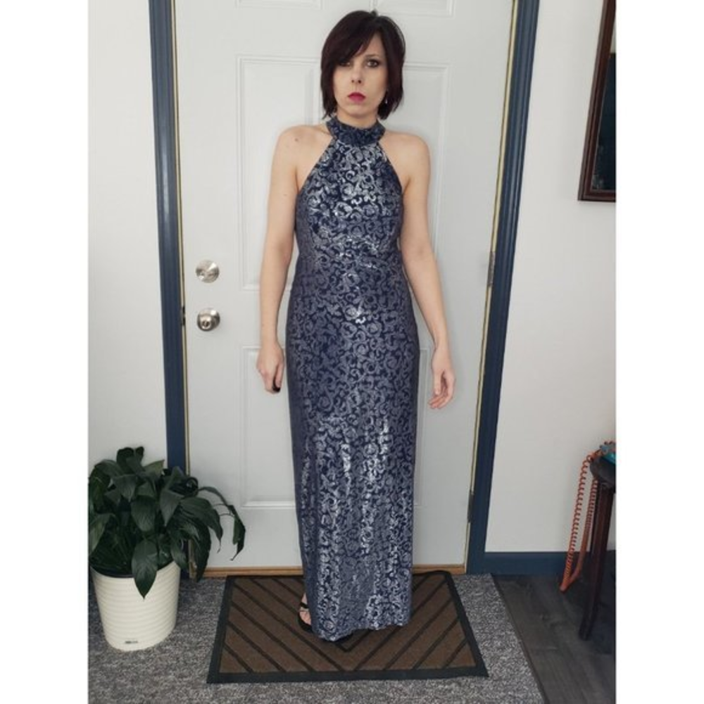 Vintage 90s Navy and Silver High Necked Open Back Prom Gown